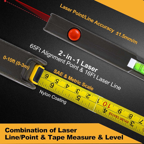 PREXISO 4-in-1 Line Laser Level Multipurpose Torpedo Level, 65Ft Alignment Point & 16Ft Laser Line & 10Ft Measure Tape Ruler & Quick Angle Setting...