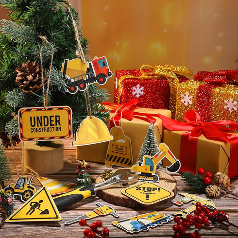 24 Pieces Christmas Ornaments Construction Wood Ornaments with Rope Trucks Hanging Wood Signs Truck Digger Cutouts Traffic Zone Wood Xmas Decorati...