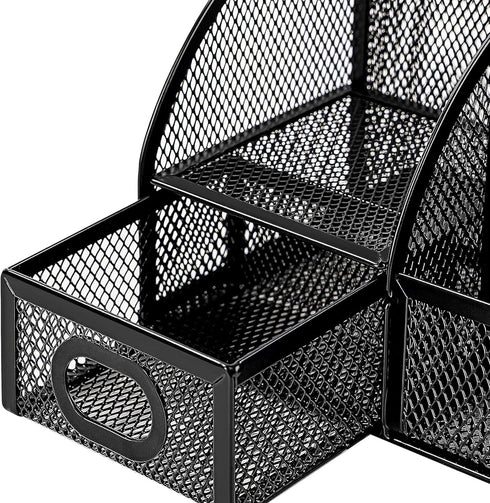 Black Mesh Pen Holder and Organizer Office Supplies with 7 Compartments, Desktop Organizer with Drawer, Metal Pen Holder for Desk, ?9.1" x 5.9" x ...