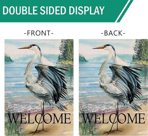 Welcome Spring Summer Seabird Coastal Beach Small Decorative Garden Flag, Blue Heron Yard Bird Sea Lake Ocean Home Outside Decoration, Nautical Tr...