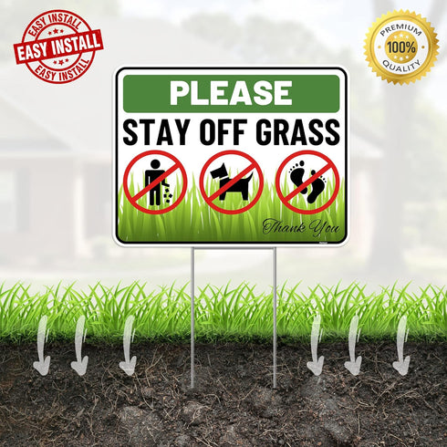 2PC Stay Off Grass Sign with Stake, 17 Inches by 13 Inches - Corrugated Plastic - Keep Off Grass Sign - Dont Walk On Grass Lawn Sign - No Dog Poop...