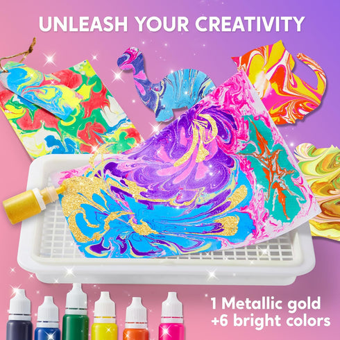 Klever Kits Marbling Paint for Kids, Metallic Gold Water Marble Paint Art, Arts and Crafts for Girls & Boys 6-12 Years Old, Paint Craft Kits, Birt...