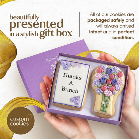 Gourmet Floral Thank you Cookie Gift Basket | 2 Large 2.5 x 4.5 in Vanilla Sugar Cookies Hand-Decorated Snack Variety Pack | Kosher Bakery Care Pa...