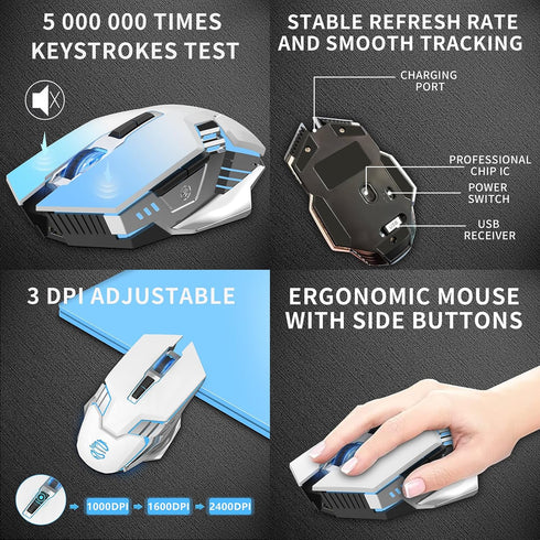 White Bluetooth Mouse, Rechargeable USB Wireless and BT5.0/3.0 Dual Mode Mouse with RGB Light, Side Buttons, 2400 DPI, Ergonomic Cordless Computer...