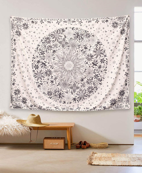 Neasow Bohemian Tapestry Wall Hanging, Beige White Floral Tapestry with Dotted Daisy Medallion Print Bedroom Boho Hippie Home Decor, 60×80 inches...