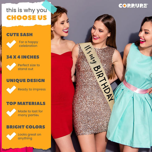CORRURE 'It's My Birthday' Sash Glitter with Black Foil - Gold Glitter Birthday Sash for Women and Men - Happy Birthday Sash for Girls, Sweet 16, ...