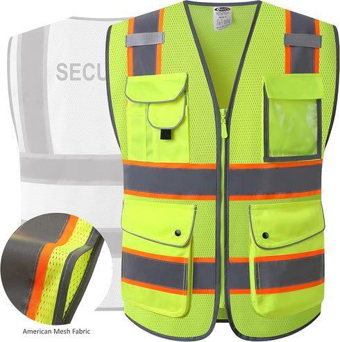 JKSafety 9 Pockets Security Hi-Vis Reflective Safety Vest | HQ Mesh Lite Neon Yellow Body Color Orange Trimming | ANSI/ISEA Compliance (JK100 SEC ...