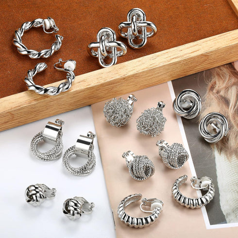 ORAZIO 8 Pairs Clip On Earrings for Women Gold Clip On Hoop Earrings Silver Clip On Stud Earrings Twist Chunky Hoop Earrings Non Pierced Fake Earr...