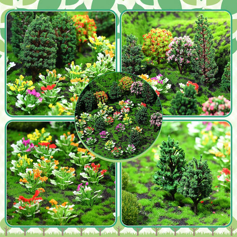 55 Pcs Miniature Colorful Flower Cluster Mini Model Trees Artificial Grass Mat Squares Set 36 Flower Tufts 15 Mixed Train Diorama Trees 4 Garden C...