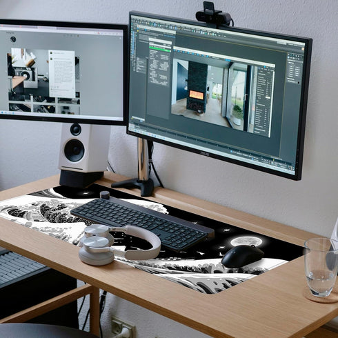 Gaming Mouse Pad Japanese Black and White Sea Wave Large XXL Mouse Pad Extended Big Desk Mat 31.06" x 11.8" Keyboard Laptop Computer Mousepad for ...
