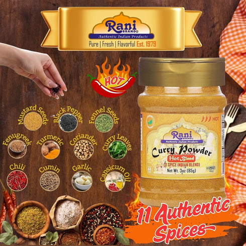 Rani Curry Powder Hot (11-Spice Authentic Indian Blend) 3oz (85g) PET Jar ~ All Natural | Salt-Free | Vegan | No Colors | Gluten Friendly | NON-GM...