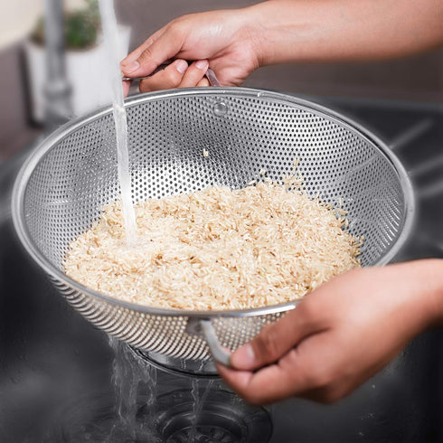 Stainless Steel Micro-Perforated 5-Quart Colander - Professional Strainer with Heavy Duty Handles and Self-draining Solid Ring Base - Dishwasher S...