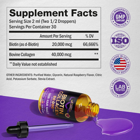 Liquid Biotin & Collagen - Vitamins for Hair Growth Support for Women & Men - Extra Strength 60000 mcg Drops - B7 Supplement - Strong Nails & Heal...