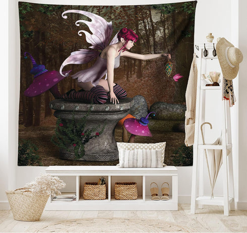 Ambesonne Tale Tapestry, Dimensional Mythical Creature Design Artifact on Pedestal Forest Print, Wide Wall Hanging for Bedroom Living Room Dorm, 8...