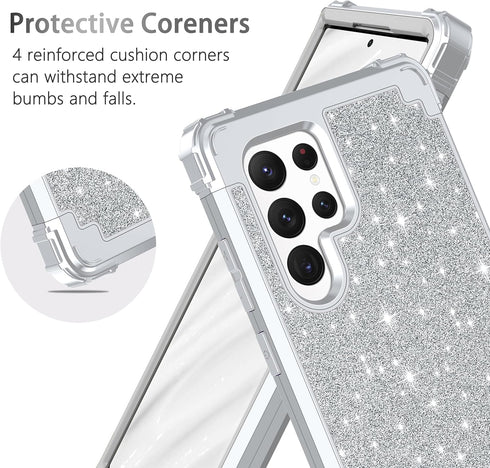 LONTECT for Galaxy S22 Ultra 5G Case Three-Layer Shockproof Heavy Duty Hybrid Sturdy High Impact Protective Cover Glitter Sparkly Bling Case for S...