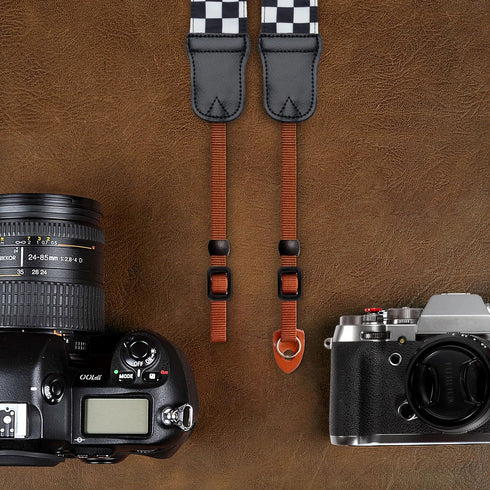 Padwa Lifestyle Black and White Plaid Camera Strap - 2" Wide Double Layer Cowhide Head,Cotton Camera Shoulder Straps,Grid Pattern Adjustable Camer...