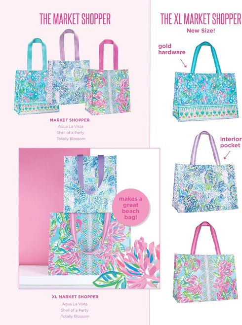 Lilly Pulitzer Purple/Blue Market Shopper Bag, Reusable Grocery Tote with Comfortable Shoulder Straps, Shell of a Party...