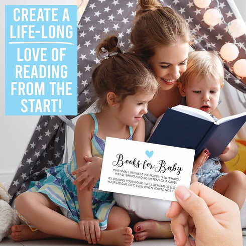 Hadley Designs 25 Books For Baby Shower Request Cards - Blue Baby Shower Invitation Inserts, Book Request Baby Shower Guest Book Alternative, Brin...
