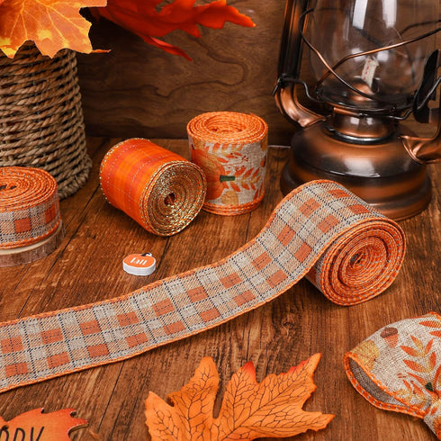 Whaline 8 Rolls 40 Yards Fall Thanksgiving Ribbons 2 Inch 1 Inch Orange Plaids Autumn Harvest Wired Edge Ribbon Rustic Pumpkin Craft Ribbon for Wr...
