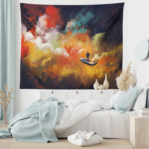 Ambesonne Fantasy Tapestry, Man on a Boat Floating Within Nebula Cloud in Vivid Colorful Psychedelic Background, Wide Wall Hanging for Bedroom Liv...
