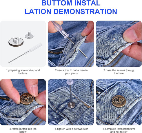 12 Sets Adjustable Buttons for Jeans, 20mm No Sew Instant Metal Buttons, Removable Jean Buttons Replacement Repair Kit with Threads Rivets and Scr...