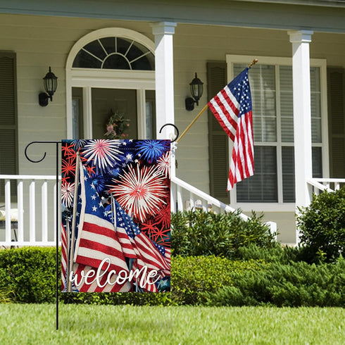 Welcome July 4th Fireworks American Patriotic Garden Flag, America Memorial Day Yard Decorative Red White Blue Star Stripes Home Outside Decoratio...