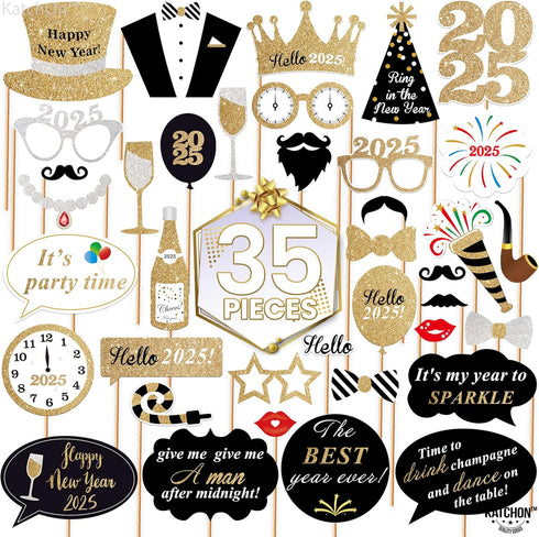 KatchOn Photo Booth Props for New Years Eve 2025 - Huge Pack of 35 | Happy New Year Decorations and Party Supplies...