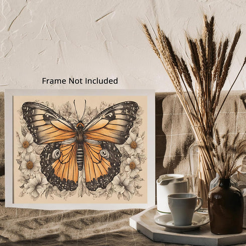 Posterizer 1 pcs- beautiful butterfly in the middle of white flowers-Art for Animal Lovers-Floral Botanical Art- Gift for Men Women Teens-Decor fo...