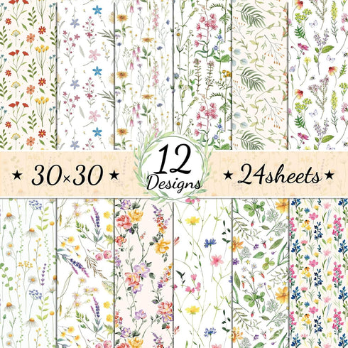 24 Sheets Purple Lavender Scrapbook Paper, 12 Designs Wildflower Red Poppy Printed Craft Paper Double-Sided Papermania Folded Flat for Spring Wedd...