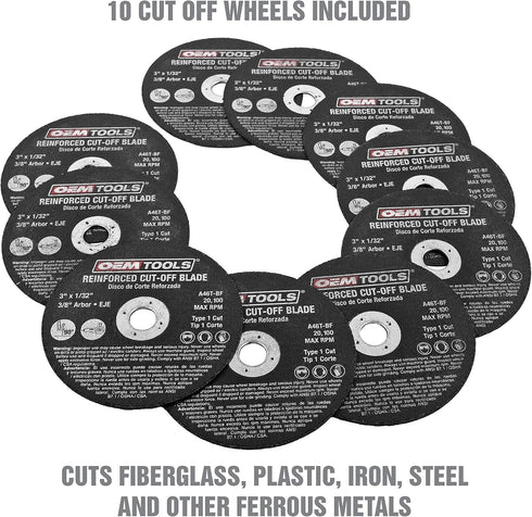 OEMTOOLS 26528 10 Piece Cut Off Wheel Set with Mandrel, Cutoff Wheel Mandrel Set, Premium Metal Cutting Wheels w/ 3/8" Arbors, Die Grinder Cut Off...