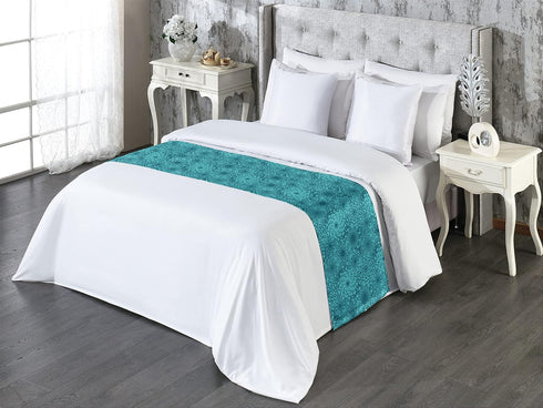 Lunarable Teal and Turquoise Bed Runner, Geometric Abstract Composition with Different Shapes Theme, Decorative Accent Bedding Scarf for Hotels Ho...