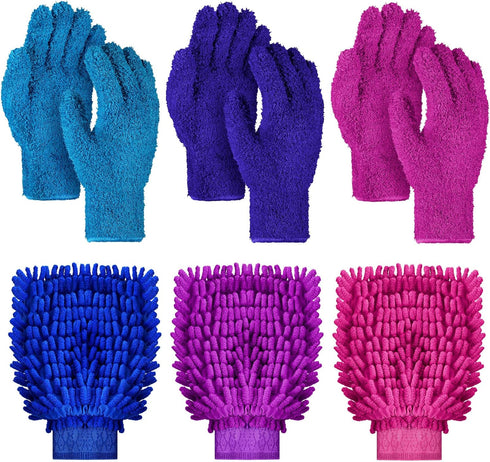 3 Pairs Dusting Gloves with 3 Pcs Microfiber Mitt, Washable Double Sided Cleaning Gloves Microfiber Dusting Mitten for Plant Car Window Corner Hou...
