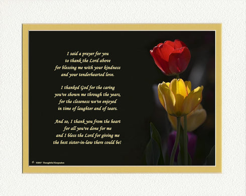 Sister-in-Law Gift with "Thank You Prayer for Best Sister in law" Poem. Red & Yellow Tulips Photo, 8x10 Double Matted. Special Birthday Gifts, Tha...