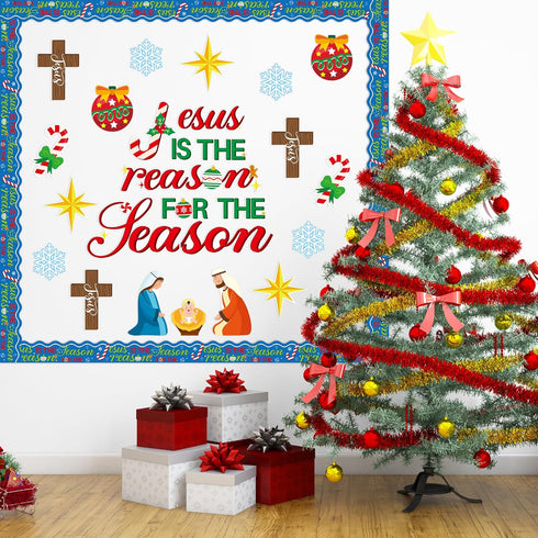 BeYumi 96Pcs Jesus is The Reason for The Season Cutouts Bulletin Board Decoration Set Christmas Nativity Christian Faith Religious Sunday School C...