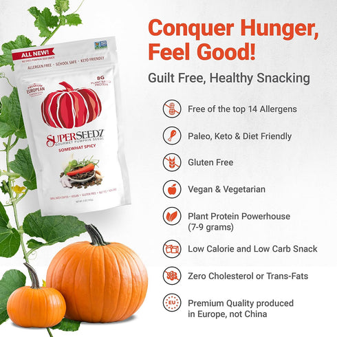 SuperSeedz Dry Roasted Pumpkin Seeds - Somewhat Spicy Pepitas, Whole 30, Paleo, Vegan & Keto Snacks, 8g Plant Based Protein, Produced In USA, Dair...