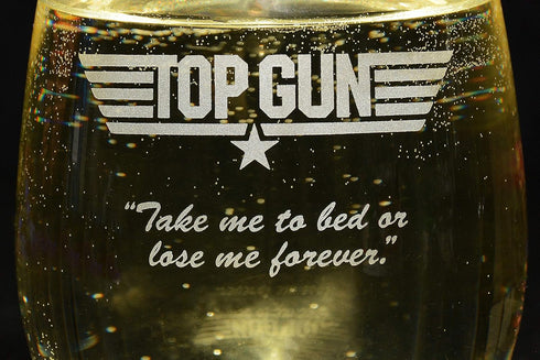 Top Gun Etched Stemless Wine Glass - with Logo & Quote "Take me to bed" - Officially Licensed, Premium Quality, Handcrafted Glassware, 15oz., Perf...