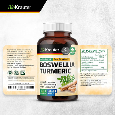 BIO KRAUTER Turmeric Supplement with Boswellia Extract Capsules - 2000 mg Blend - 100 Count - Vegan Boswellia Turmeric (Curcumin) - Formula w/Blac...