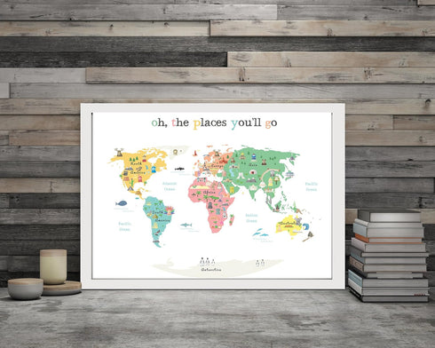 Oh the Places you'll Go Illustrated Kids World Map (24x17”) - Vibrant Educational World Map for Kids Wall Decor with Global Animals and Landmarks...