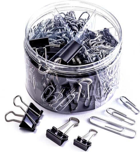 Officemate 340 Assorted Paper Clips and Binder Clips, Re-usable Storage Tub, Silver/Black (31040)...