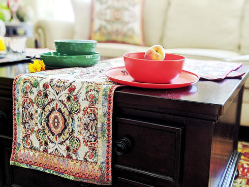 Tache Rococo Elegant Ornate Ivory Colorful Paisley Dining Cotton Linen Tapestry Woven Table Runner 13x90...