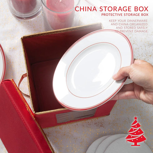 Simplify Holiday Saucer Plate Dinnerware Storage Box | 7.3 Inch | Christmas China | 12 Felt Dividers | Tableware Setting | Red...
