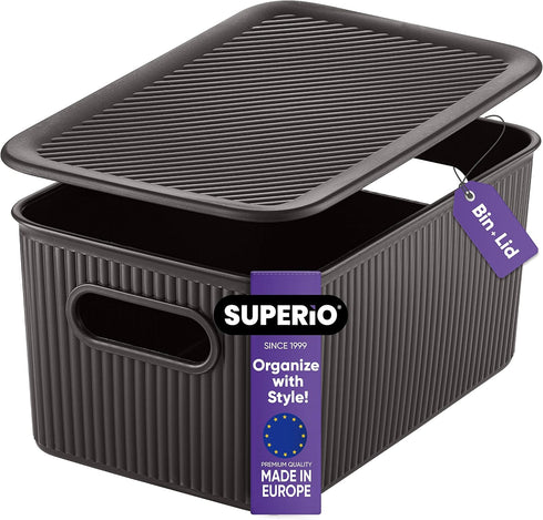 Superio Ribbed Collection - Decorative Plastic Lidded Home Storage Bins Organizer Baskets, Medium Brown (1 Pack - 5 Liter) Stackable Container Box...