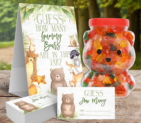 Your Main Event Prints Guess How Many Gummy Bears Game - 5x7 Self-Standing Sign and 50 Guessing Cards - Woodland Theme for Baby Shower or Birthday...