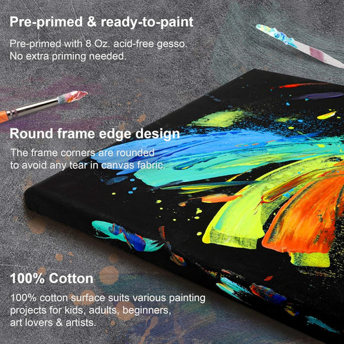 PHOENIX Black Stretched Canvas, 8x8 Inch/4 Pack - 3/4 Inch Profile, 8 Oz Quadruple Gesso Primed 100% Cotton Blank Black Canvases for Acrylic, Oil,...