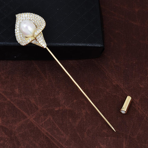 Women Crystal Rhinestone Calla Lily Floral Boutonniere Lapel Stick Pin Brooch Cardigan Scarf Tie Pin Pearl Flower Breastpin Wedding Party Jewelry...