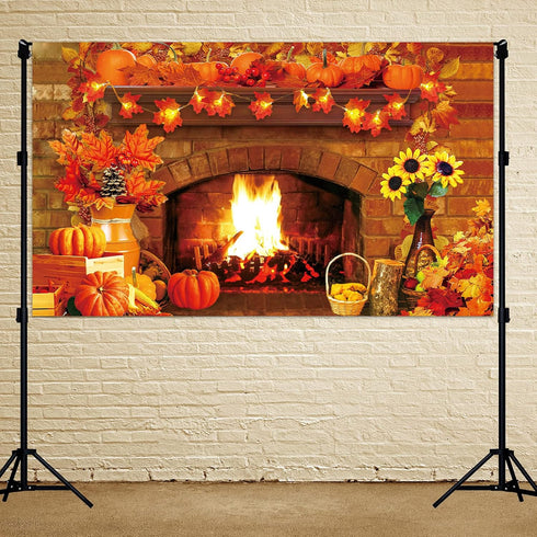 Fall Thanksgiving Decoration Thanksgiving Fireplace Backdrop Autumn Harvest Pumpkin Background Thanksgiving Day Maple Leaf Sunflower Banner For Th...