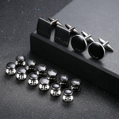 16 Pcs Cufflinks and Studs Set for Men Classic Tuxedo Shirt Cufflinks & Shirt Accessories Black&Silver Match for Business Wedding Formal Suit...