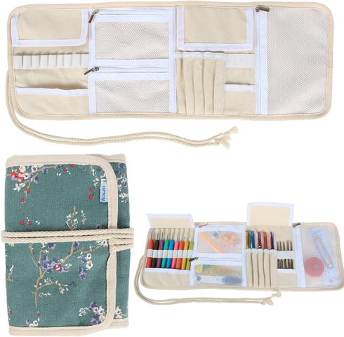 Teamoy Crochet Hook Case, Roll Bag Holder Organizer for Various Crochet Needles and Knitting Accessories, Plum Flowers...