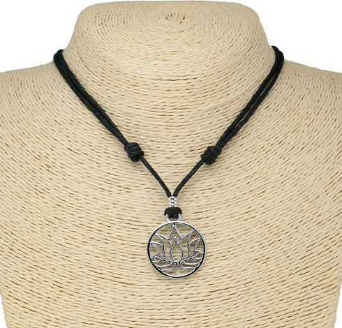 BlueRica Lotus Flower Pendant on Adjustable Black Cord Necklace (Chrome Finish)...