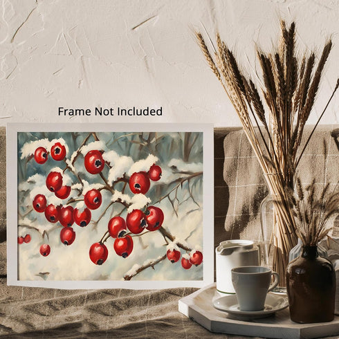 Posterizer 1 pcs-berries in snowy winter scene-oil painting style -1-Landscape & Nature Art-GIft for Men Women Teens-Living Room Bedroom Decor- un...
